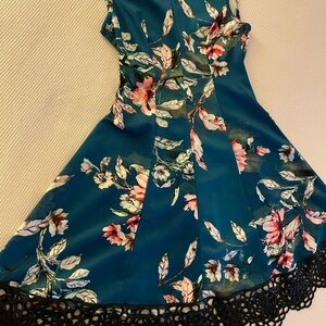 Donna Ricco Teal White Floral A-Line Dress with Lace Hem Sleeveless